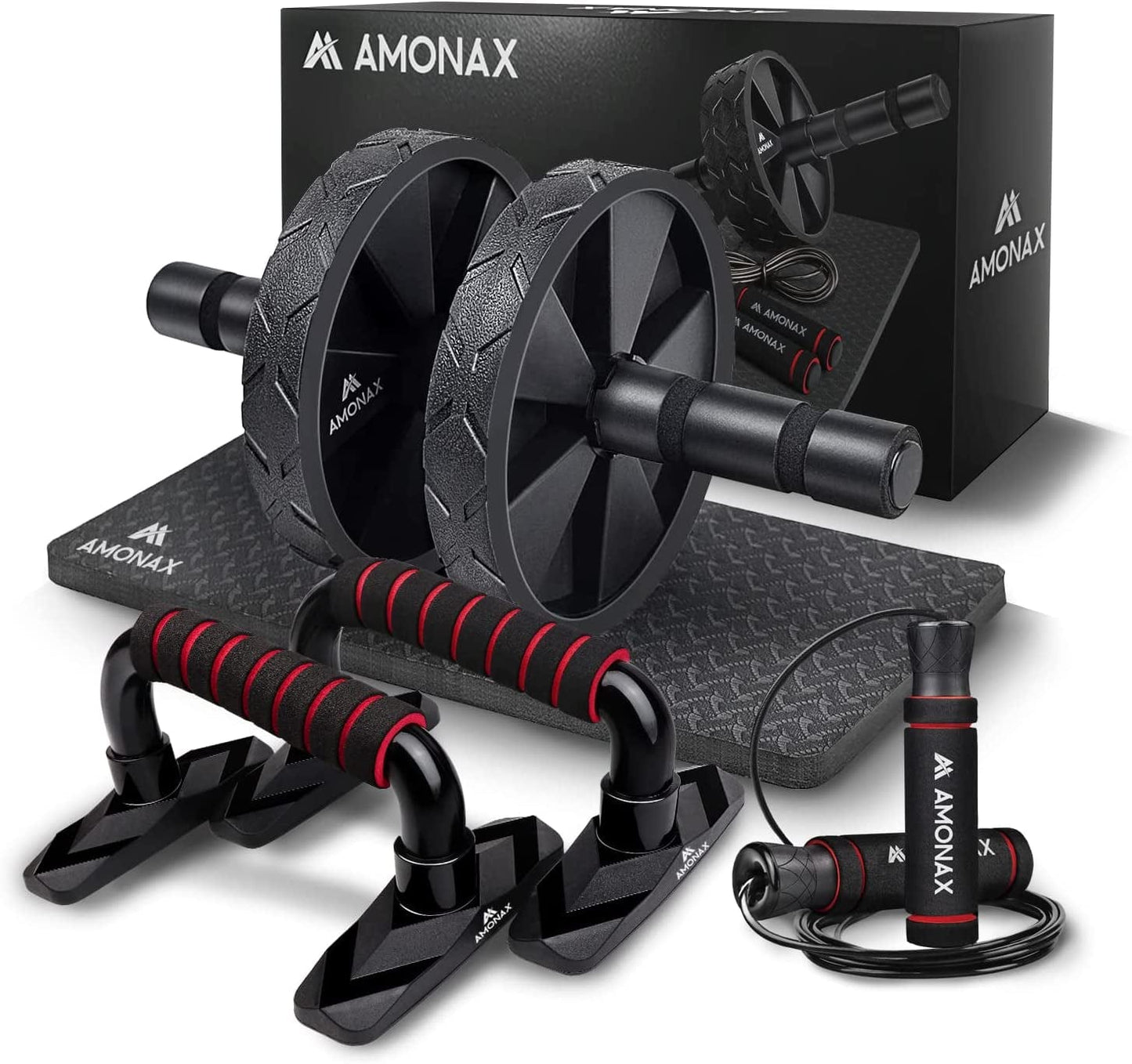 Amonax Gym Equipment for Home Workout (Ab Roller Wheel Set, Skipping Rope, Push-Up Handles). Fitness Exercise, Strength Training Equipment for Abs, Weight Loss, Sport Accessories for Men Women