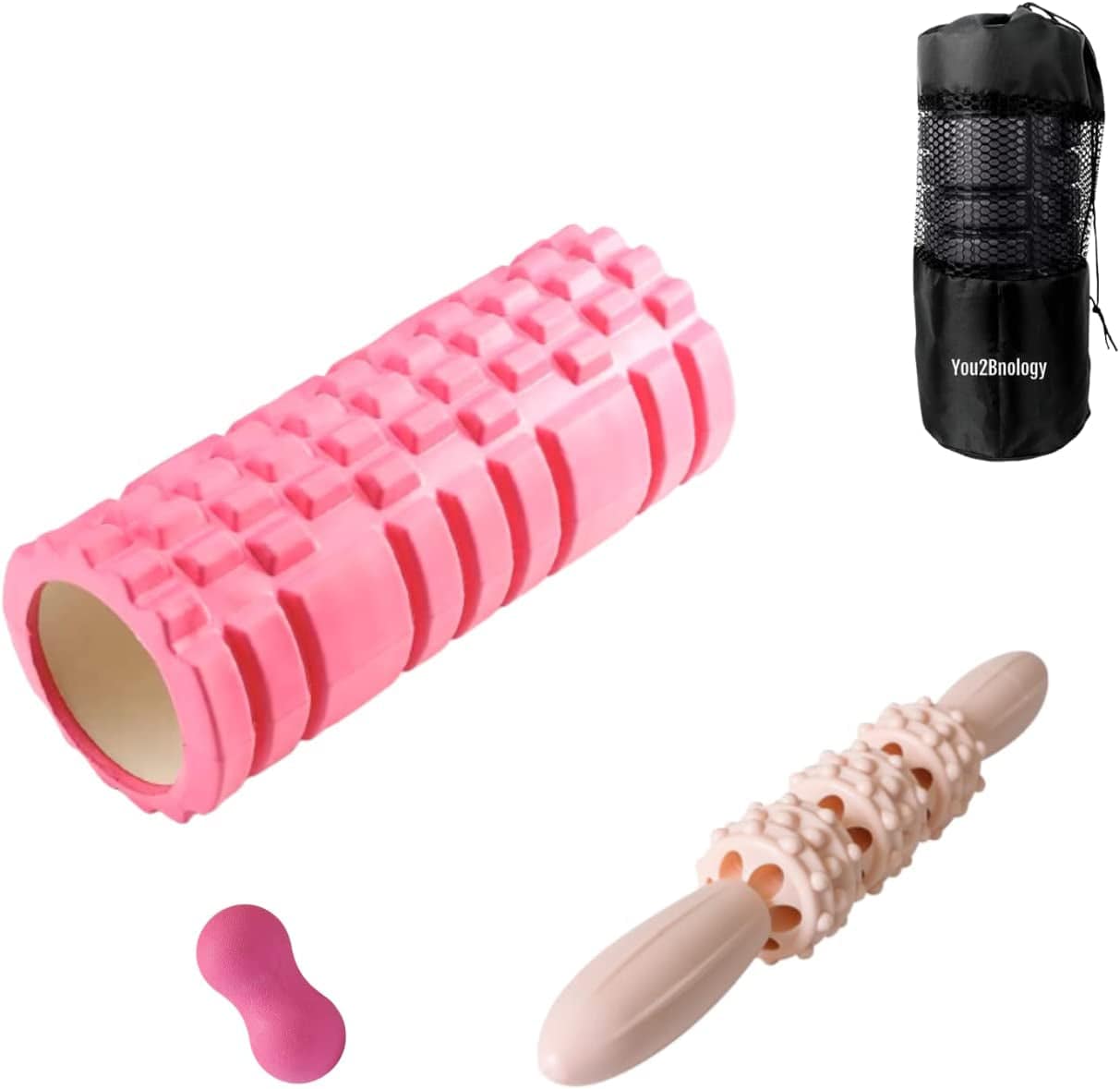 You2Bnology 4-In-1 Foam Roller Kit for Deep Tissue Massage, 33Cm Muscle Roller Stick and Massage Ball for Physical Therapy Pain Relief Myofascial Release Balance Exercise (Black)