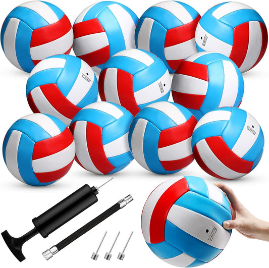 12 Pieces Size 5 Recreational Volleyballs with Air Pump Regulation Soft Volleyball Balls for Outdoor or Indoor Play, Waterproof, Sky Blue, White, Red