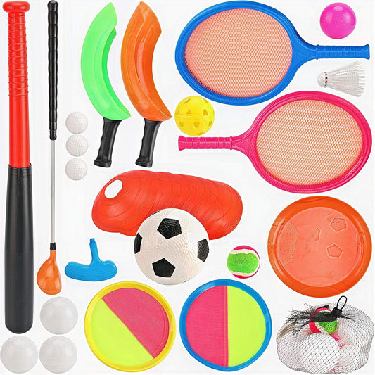 7 in 1 Outdoor Sports Games Combo Multipack Set - Baseball, Golf, Soccer, Badminton, Scoop Ball, Paddle Toss and Catch Ball, Flying Disc - Outdoor Play Toys for Kids