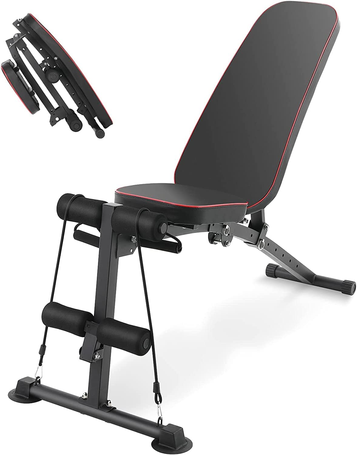 Adjustable Workout Bench, Foldable Incline Workout Bench with Resistance Bands, Weight Lifting Bench for Full Body Strength Training & Home Gym - TLSUNNY