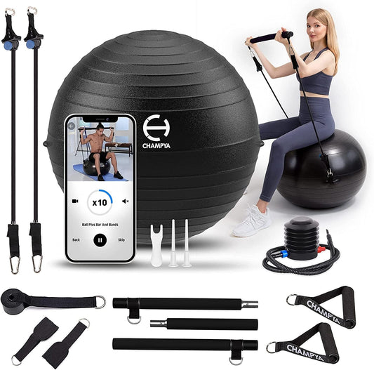 𝗖𝗛𝗔𝗠𝗣𝗬𝗔 𝗘𝘅𝗲𝗿𝗰𝗶𝘀𝗲 𝗕𝗮𝗹𝗹 for Working Out 65 Cm - Yoga Ball Chair & Balance Ball for Pregnancy, Birthing Physical Therapy & Chair for Office - Stability Ball & Stainless Steel Pilates Bar for Workout