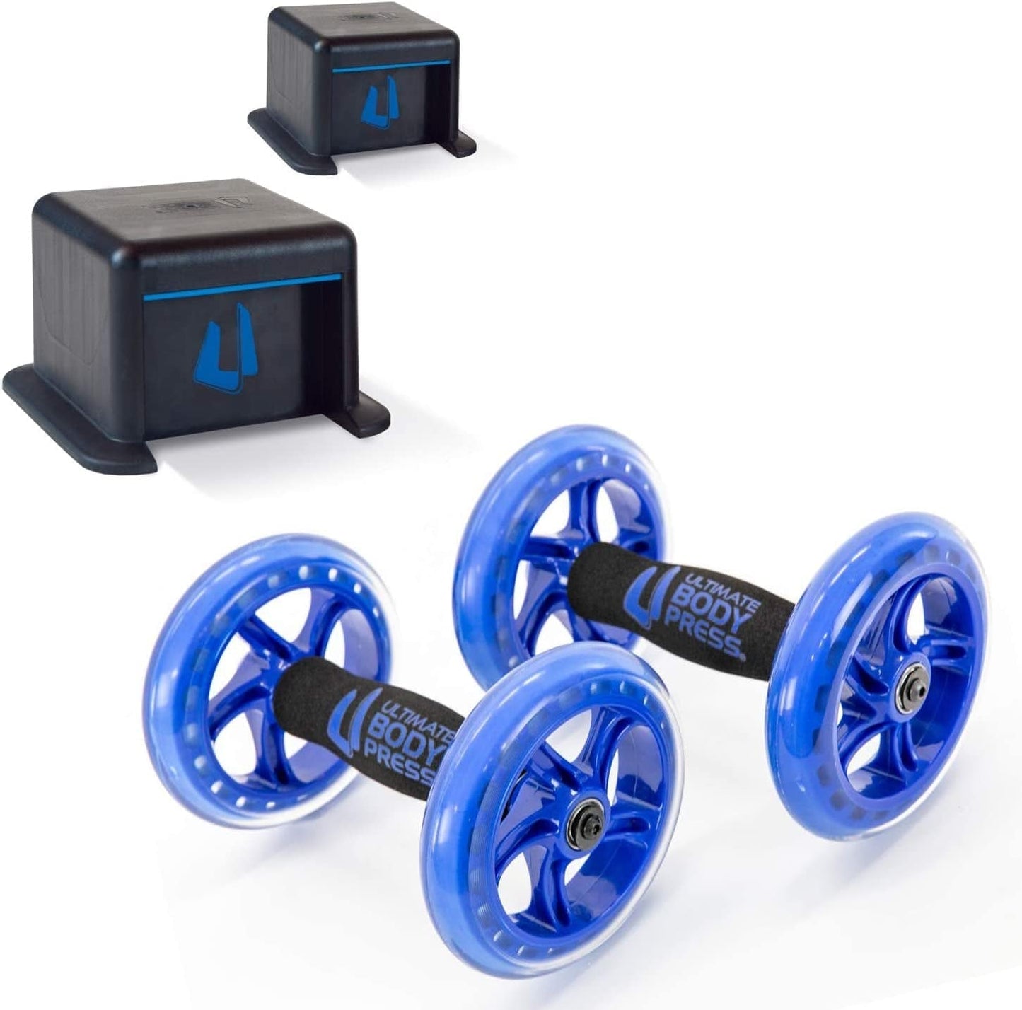 Ultimate Body Press Push up Accessories for Fast Upper Body and Abdominal Results: Premium Flat Palm Push up Blocks, Heavy Duty Independent Wheel Ab Wheels and Product Bundles