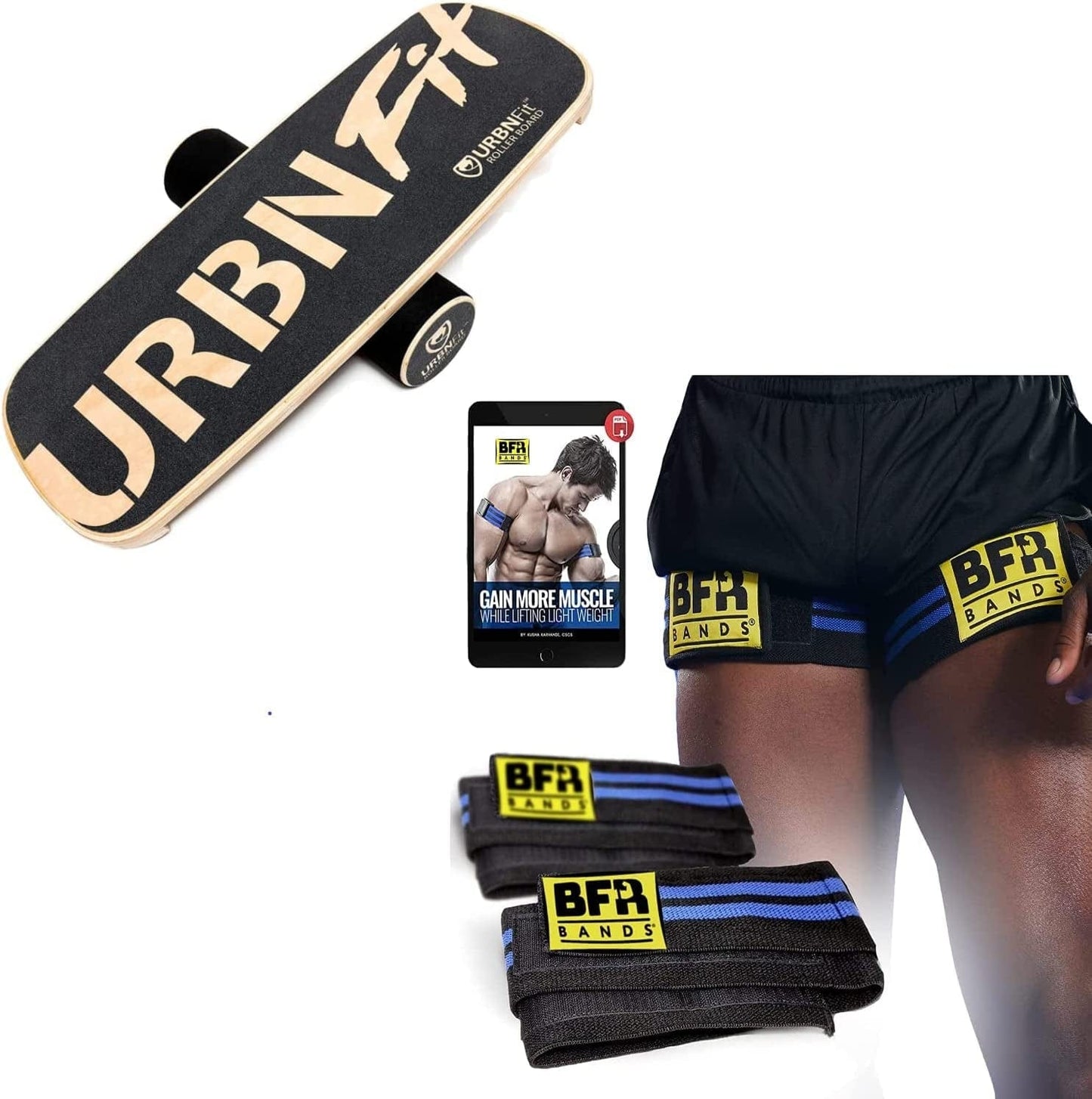 Urbnfit Wooden Balance Board Trainer + BFR BANDS Bundle - Blood Flow Restriction Bands - 2 Pack for Legs, Booty & Glutes, 3-Inch Wide Straps - Doublewrap Occlusion Bands for Gym & Weight Lifting