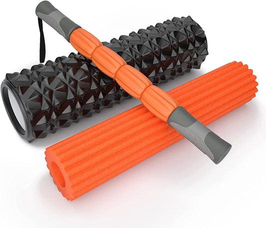 YINHANG Trigger Point Foam Roller Set with Massage Stick for Legs Back Pain, 18 Inch 3 in 1 Deep Tissue Muscle Massager for Physical Therapy & Exercise, Stretching, Myofascial Release, Yoga, Pilates