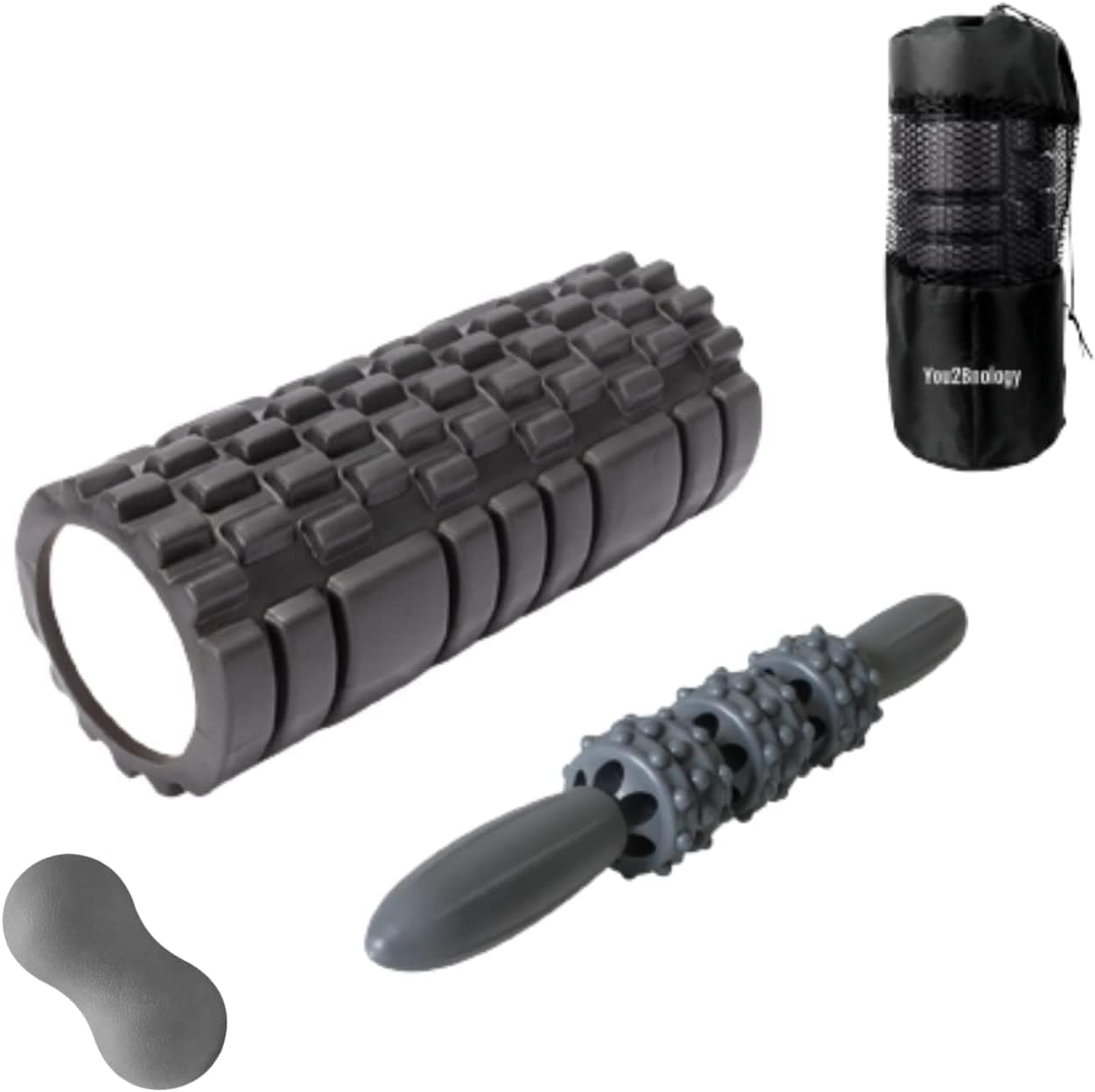 You2Bnology 4-In-1 Foam Roller Kit for Deep Tissue Massage, 33Cm Muscle Roller Stick and Massage Ball for Physical Therapy Pain Relief Myofascial Release Balance Exercise (Black)